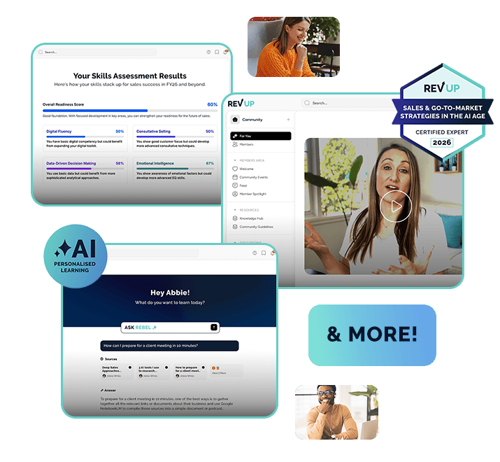 How it works image_compressed_V3 An image with the three main features of the REV UP System - a skills assessment, live virtual masterclasses, and our AI assistant for on-demand learning, REBEL