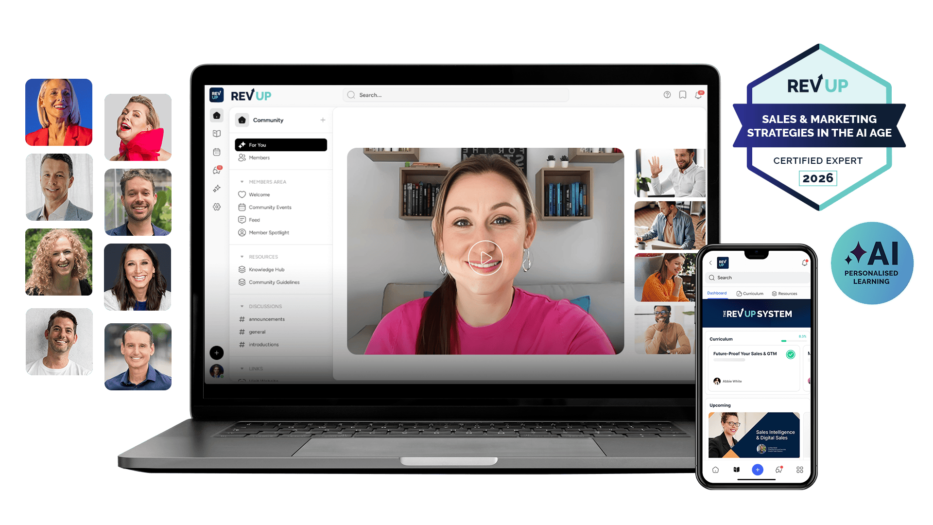 Combined Laptop Graphic_compressed An image showing the REV UP System components: virtual masterclasses on desktop, replays on mobile, AI-personalised learning, the Sales & GTM Certification Badge, and headshots of all masterclass experts.