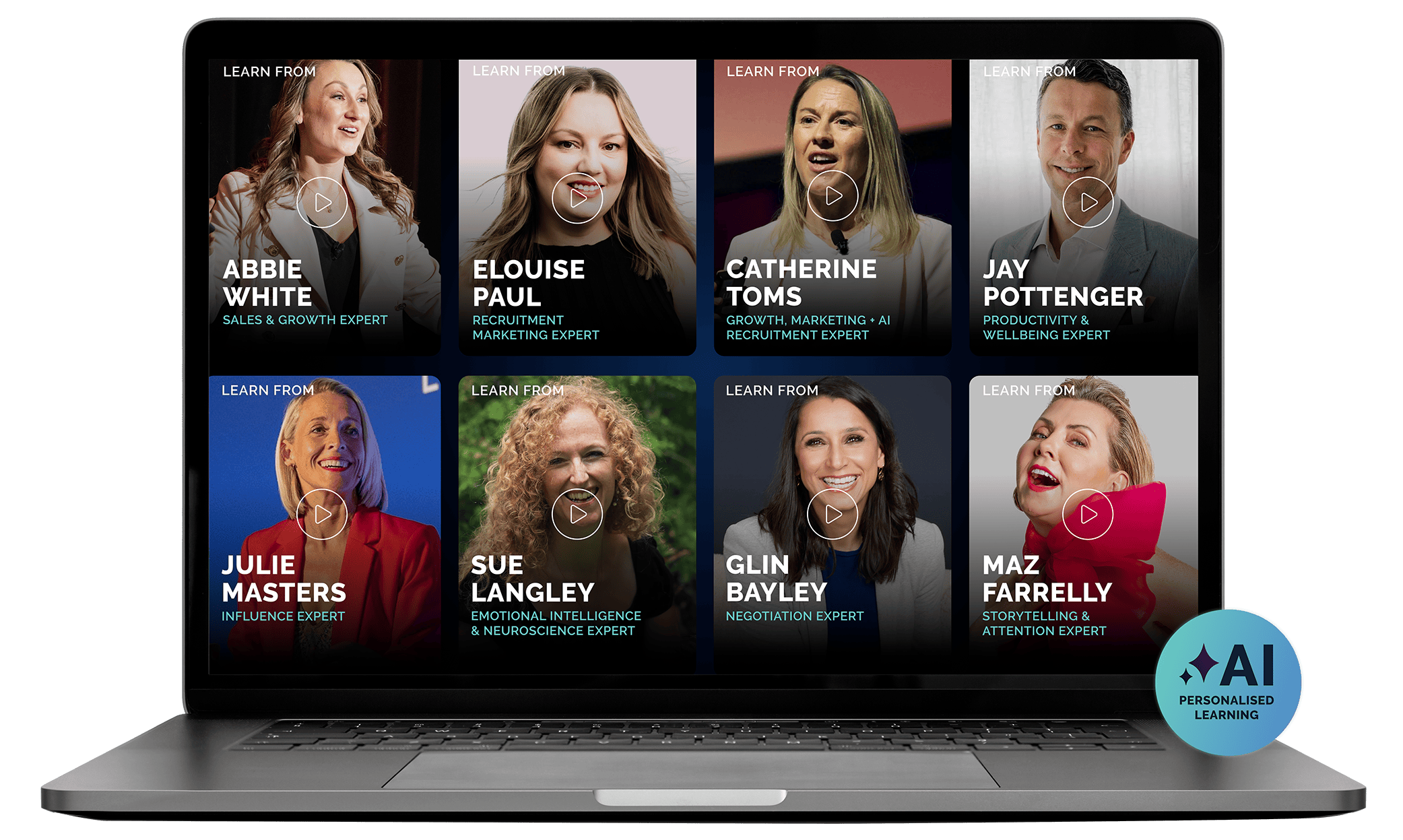 An image of a laptop with thumbnails featuring all the experts in the REV UP System for this recruitment cohort: Abbie White, Elouise Paul, Catherine Toms, Jay Pottenger, Julie Masters, Sue Langley, Glin Bayley, and Maz Farrelly