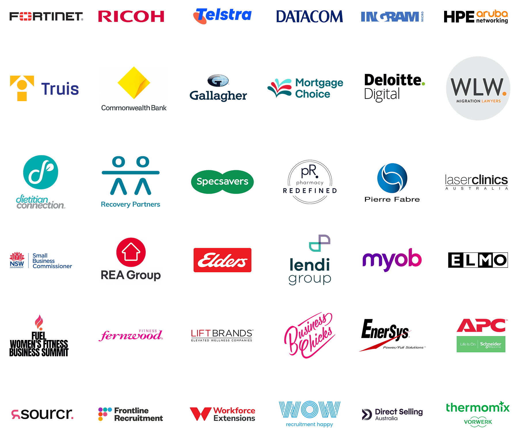 Logos of businesses Sales Redefined and keynote speaker Abbie White has worked with, with industries spanning IT, Technology, Banking, Financial Services, Health, Fitness, Real Estate, SaaS, Franchises, Recruitment, and more