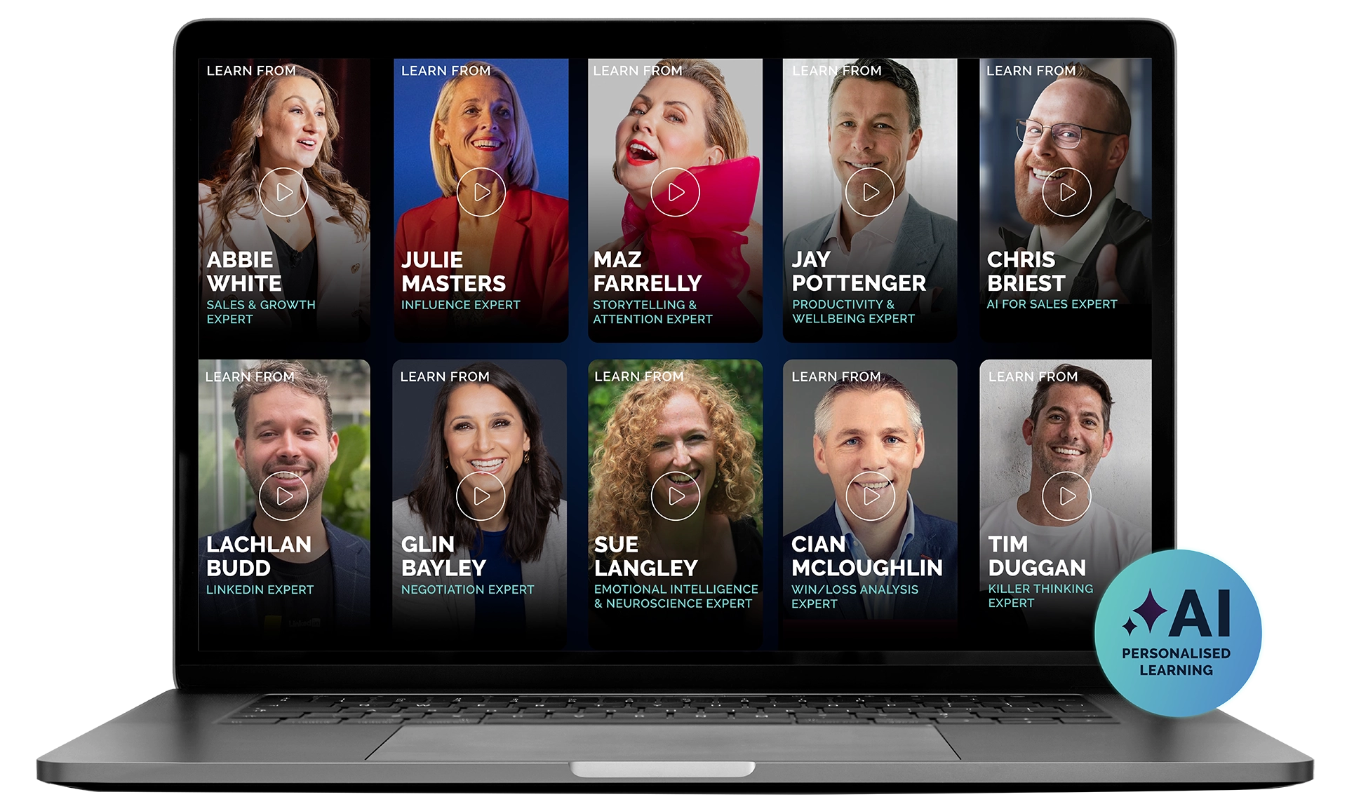 The 10 experts of Sales Redefined's REV UP program: Abbie White, Julie Masters, Maz Farrelly, Jay Pottenger, Chris Briest, Lachlan Budd, Glin Bayley, Sue Langley, Cian McLoughlin, and Tim Duggan