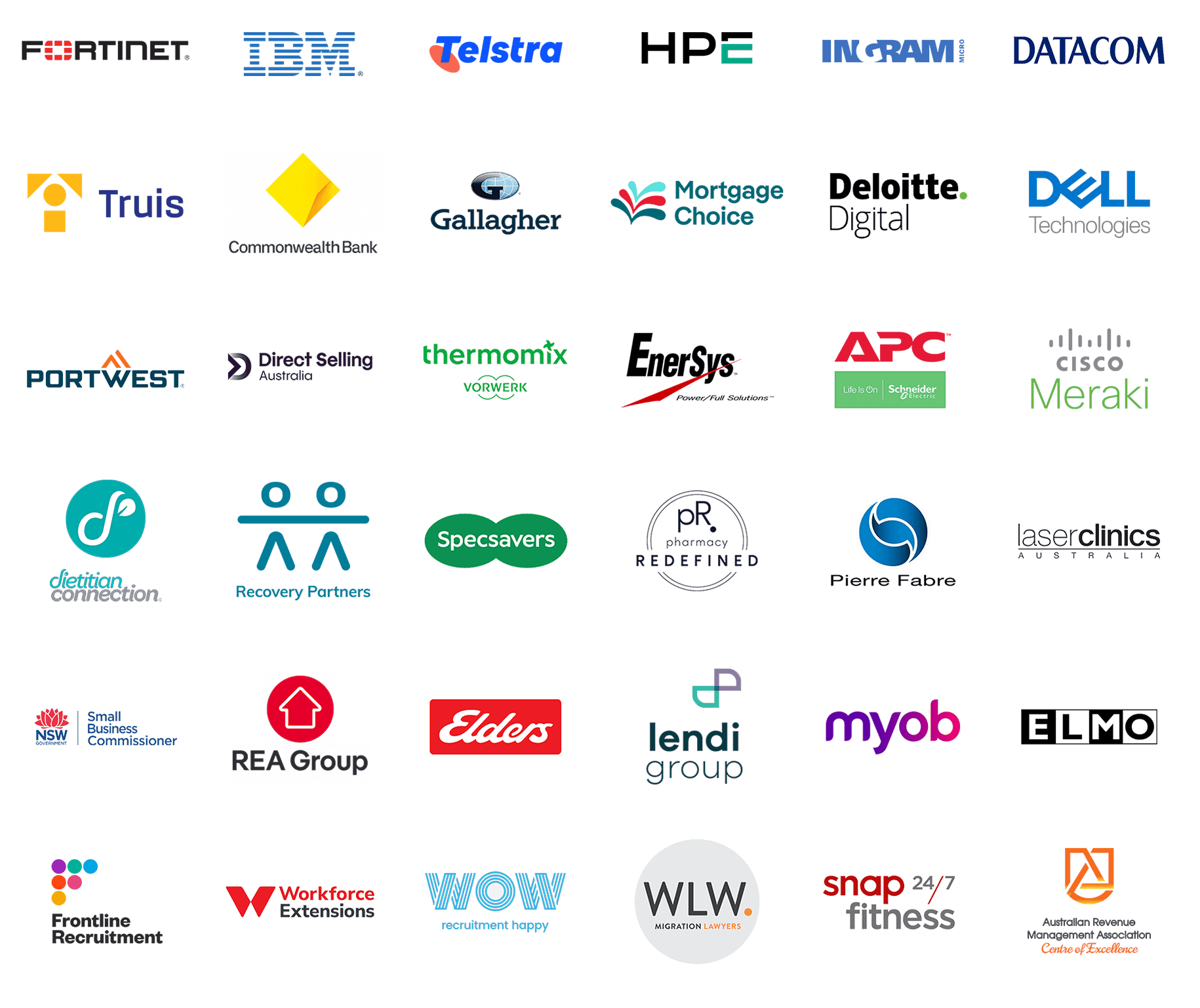 Logos of businesses Sales Redefined and keynote speaker Abbie White has worked with, with industries spanning IT, Technology, Banking, Financial Services, Health, Fitness, Real Estate, SaaS, Franchises, Recruitment, and more